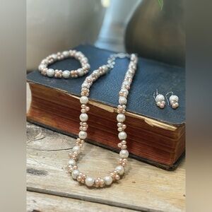 3 Pc. Faux Pearl Set. Pink Ivory Silver. Necklace | Bracelet | Earrings. EUC